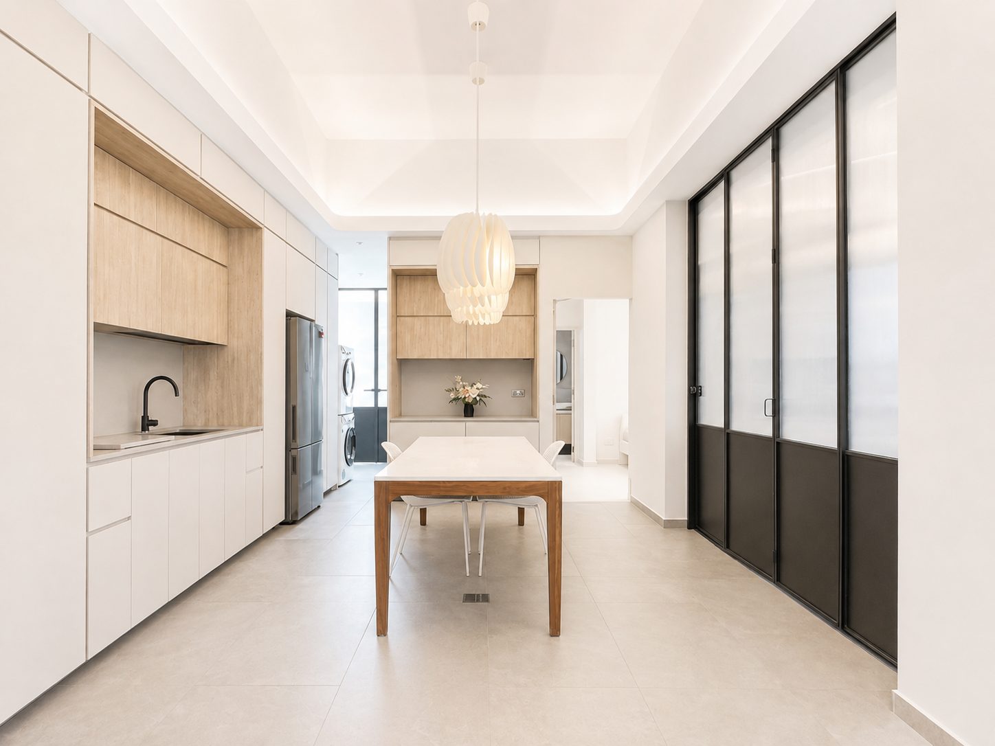 The kitchen run, looking down the length of the apartment