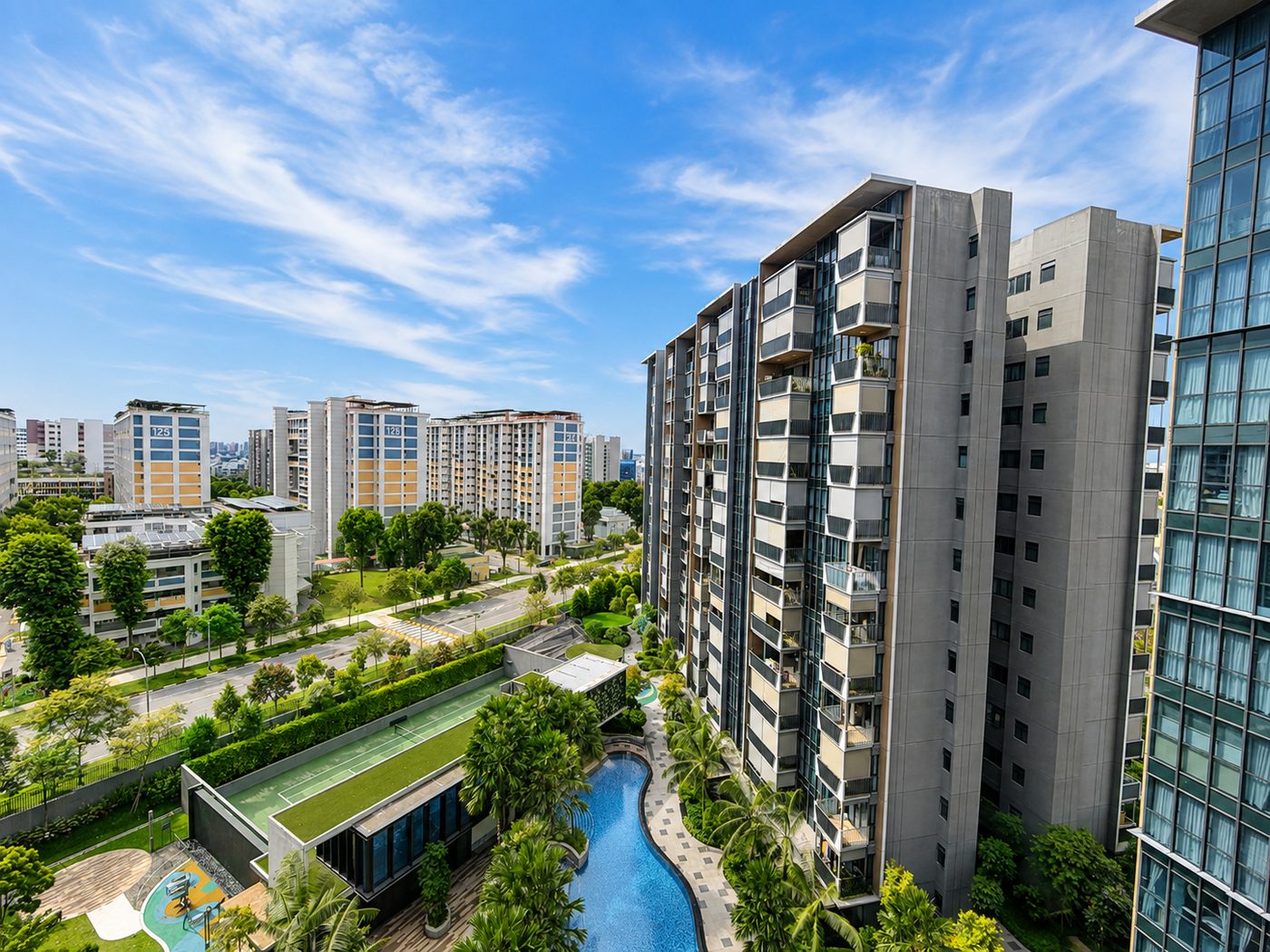 The view from the Garden Residences one-bedroom: the pool, the tennis court and low-rise landed housing