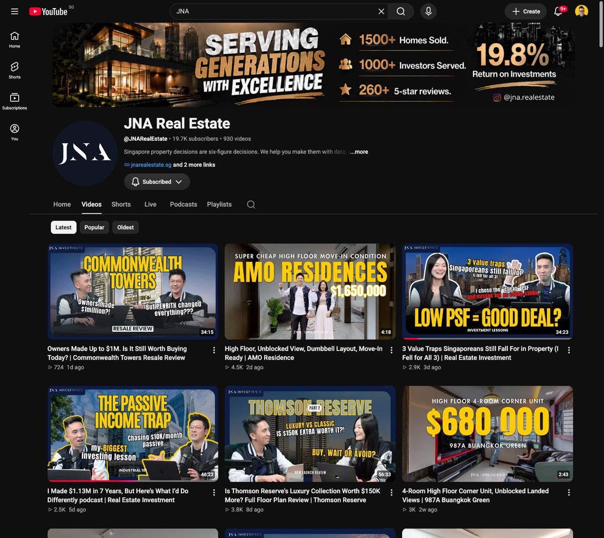 The JNA Real Estate YouTube channel