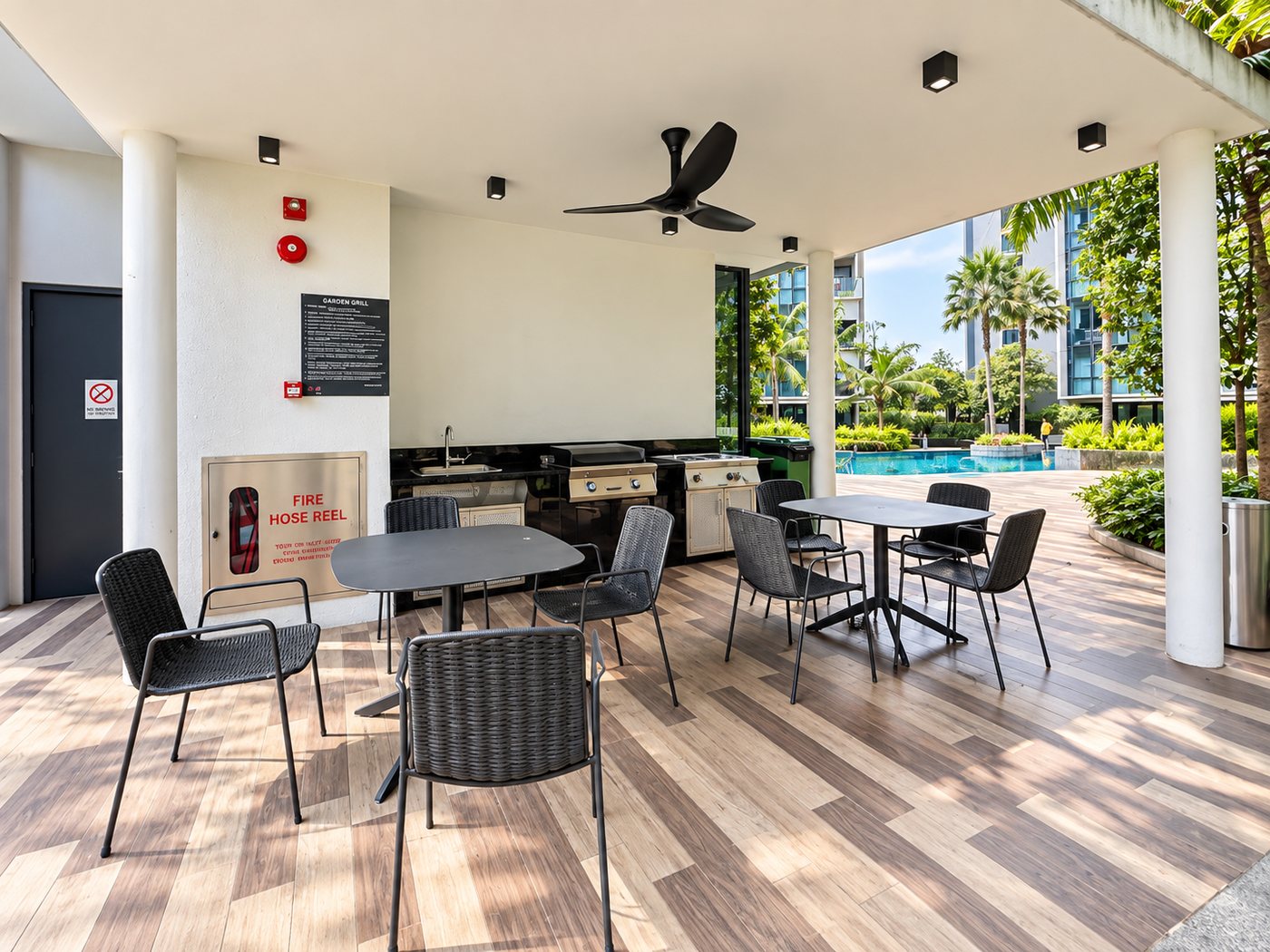 The function room opening to the pool deck