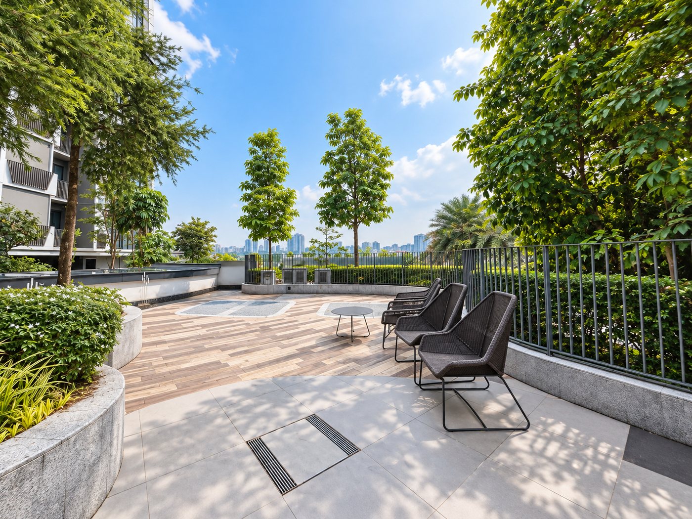 A sun deck with loungers among the trees