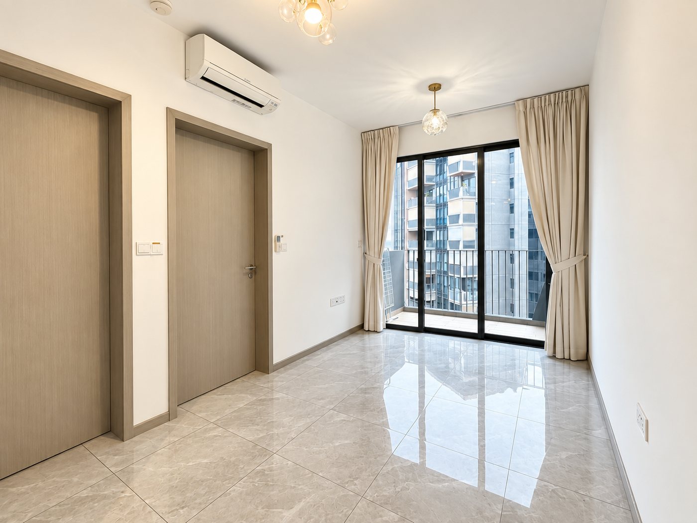 The living area with full-height window and curtains, unfurnished