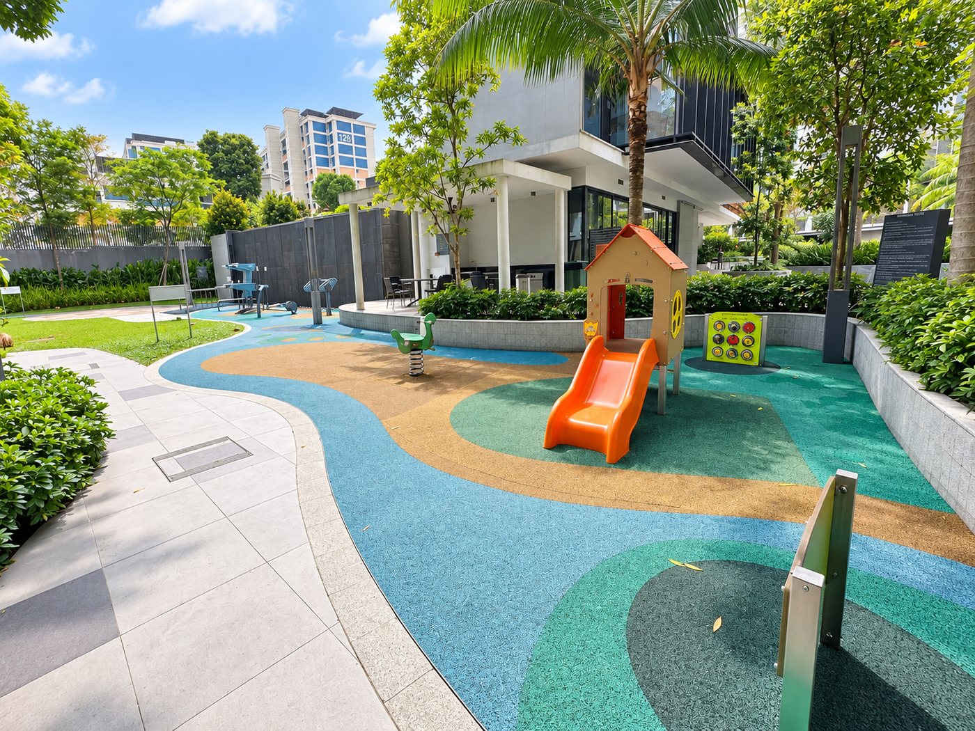 The children's playground with slide and play surface