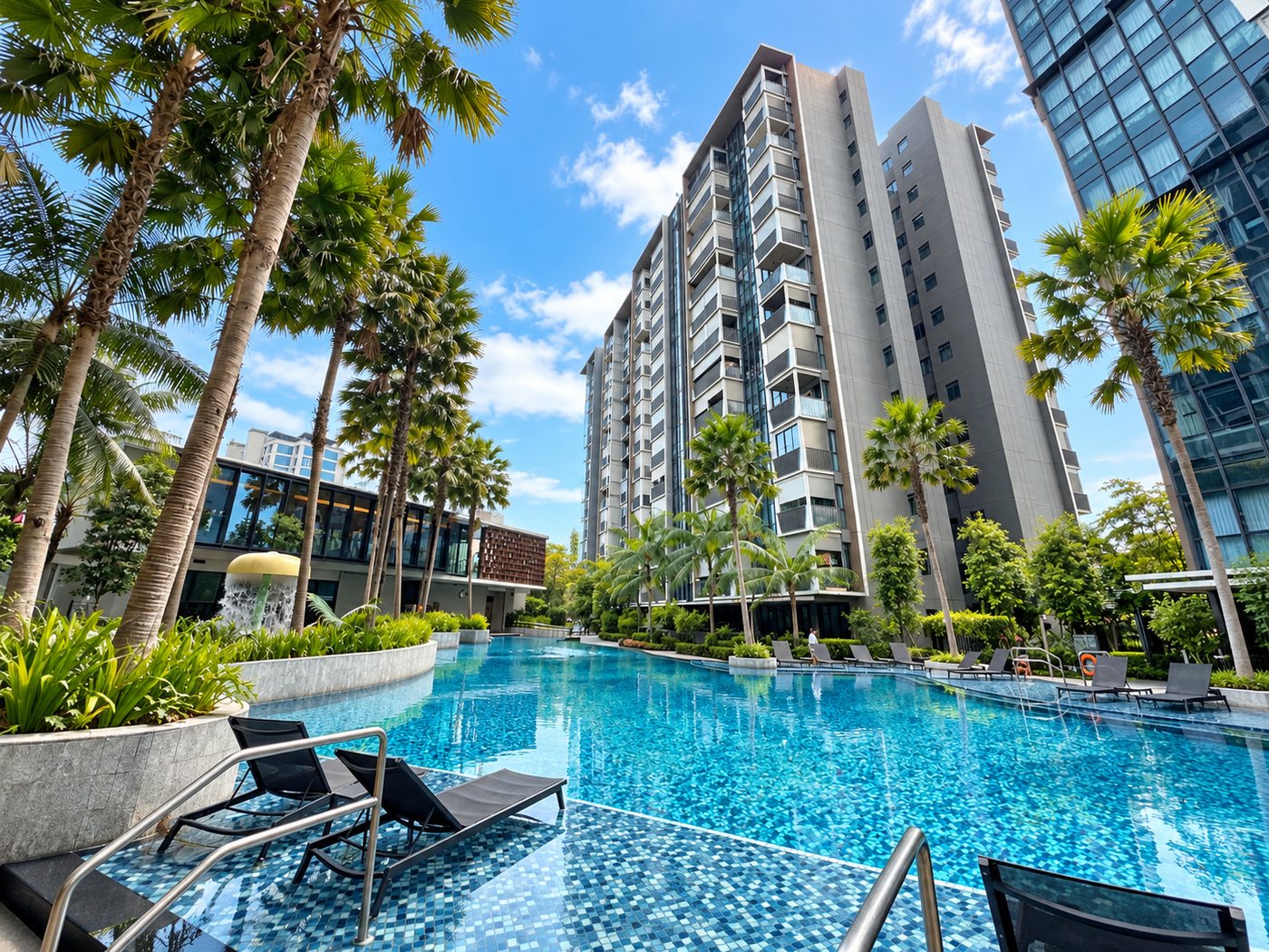 The main pool with loungers and palms