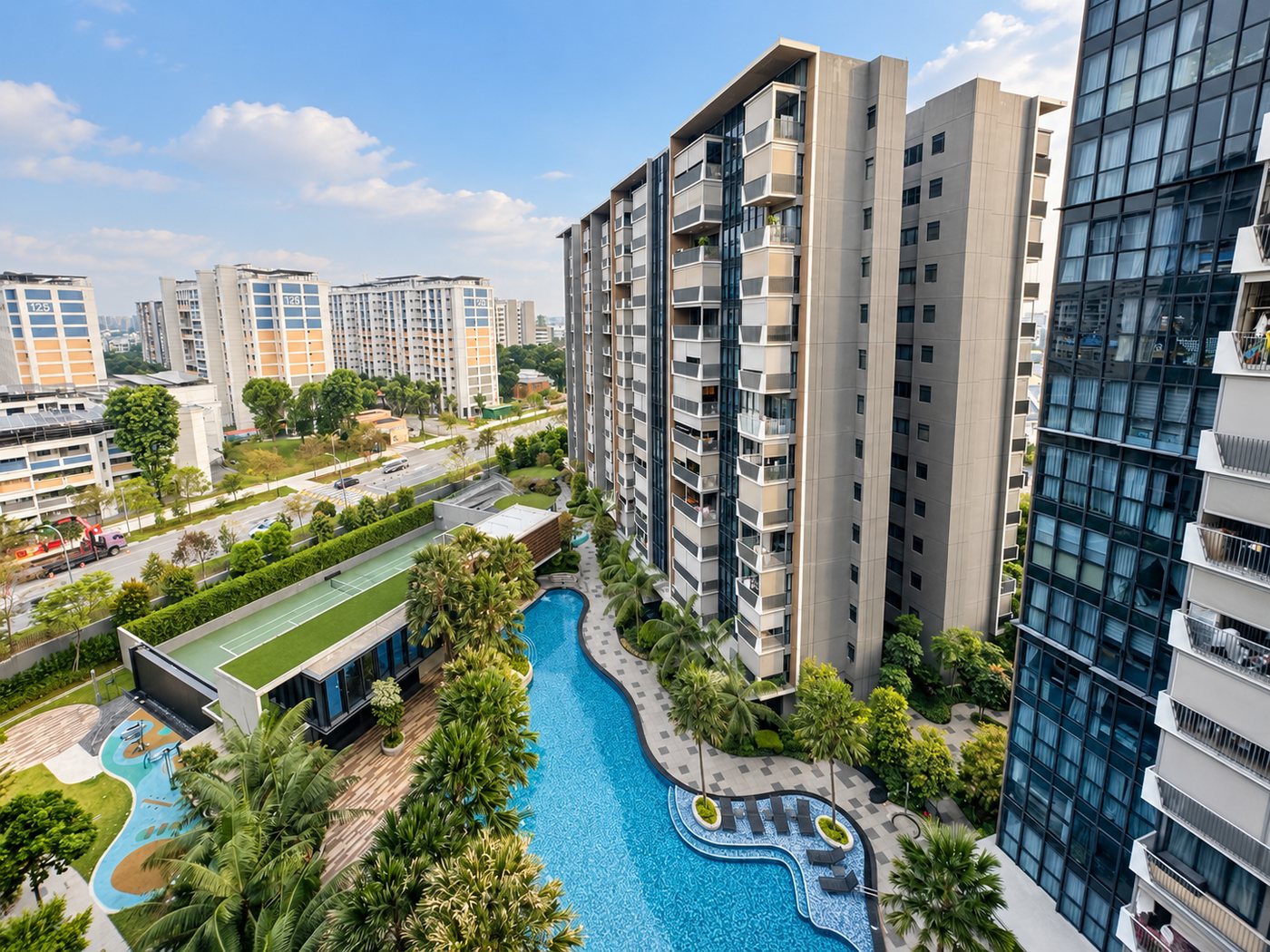 The view from the unit at The Garden Residences, over the pool deck