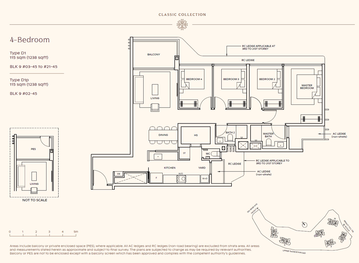 Floor plan, 4-bedroom type D1, 1,238 square feet